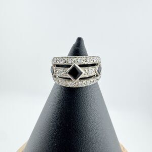 Vintage Art Deco Wide Band Ring Black Rhinestone Silver Tone Retro Statement